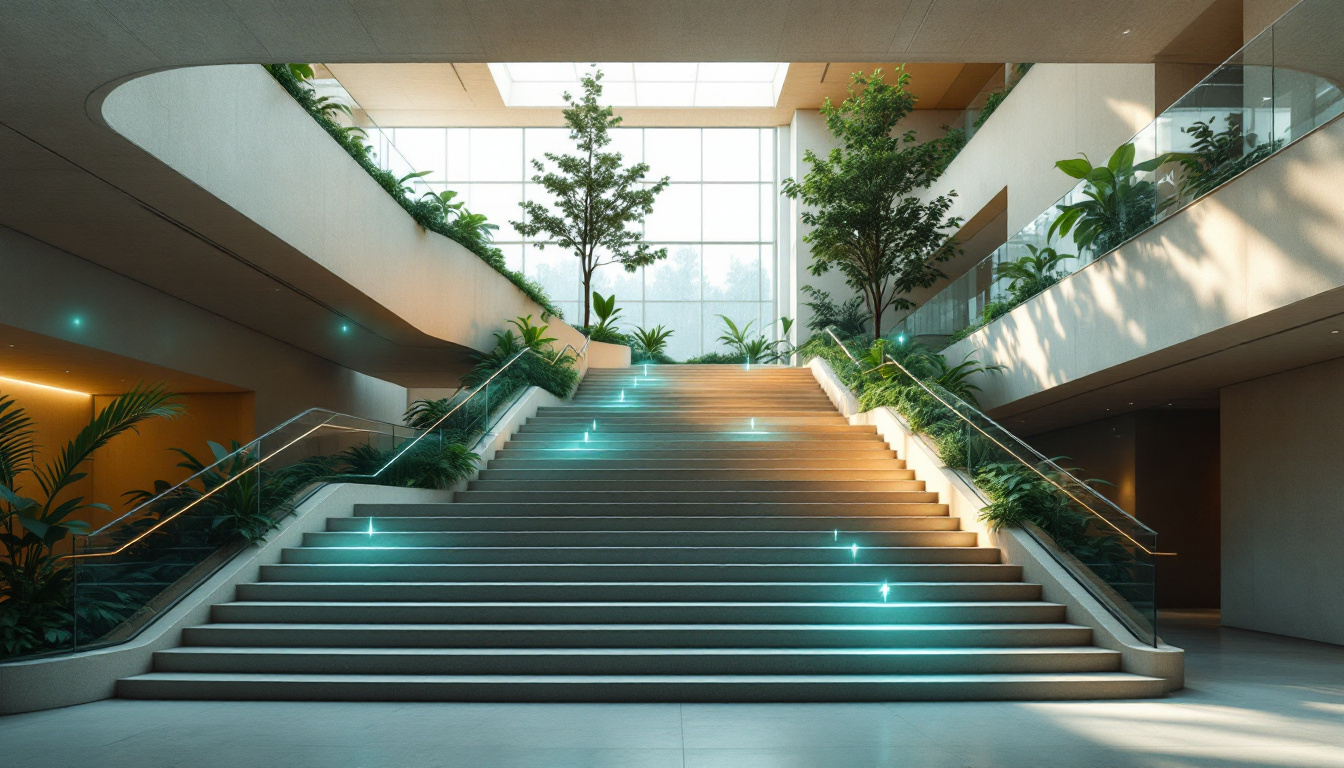 Aufsteigende Treppe mit Begrünung und Lichtpunkten als Sinnbild für die vier Stufen der Akademie